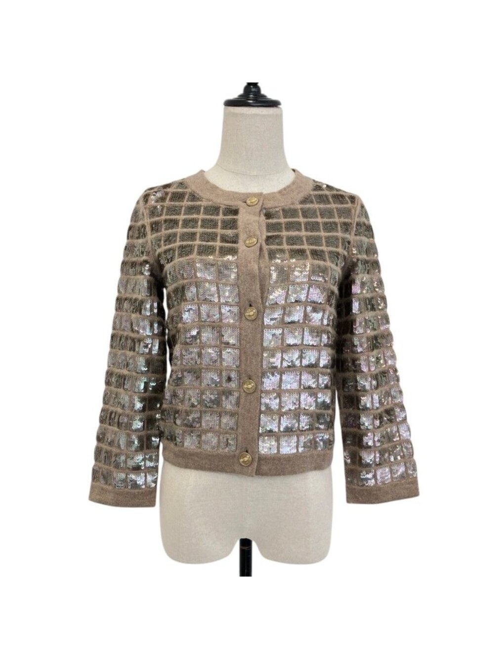 Chanel 08P Sequins Choco Bar Cashmere Knit Cardigan Beige Metallic Gray 36